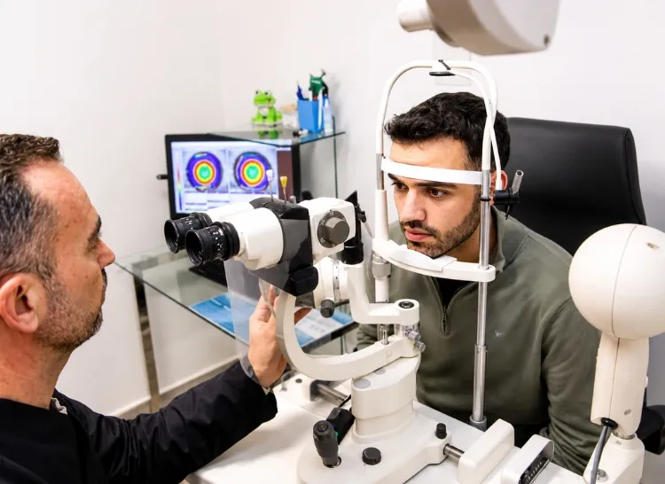 Juan Bolívar evaluando la adaptación de lentes de contacto mediante lámpara de hendidura.